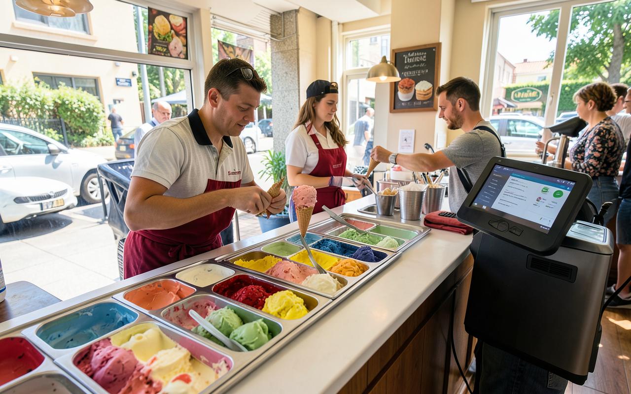 Eisdiele mit bunten Eissorten und Kasse am Tresen