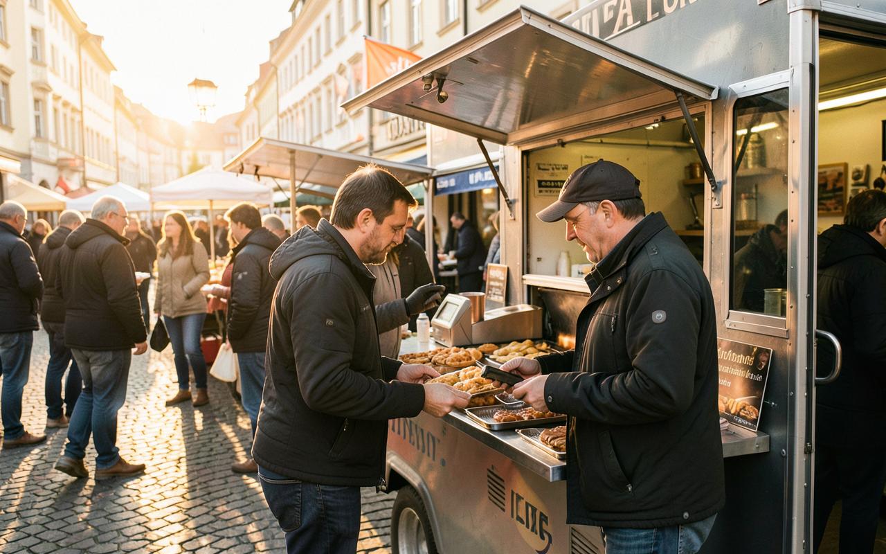 Foodtruck auf einem Markt, Mitarbeiter kassiert mit dem Handy