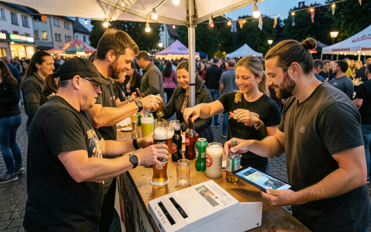 Getränkestand auf einem Straßenfest mit Helfern und Kasse