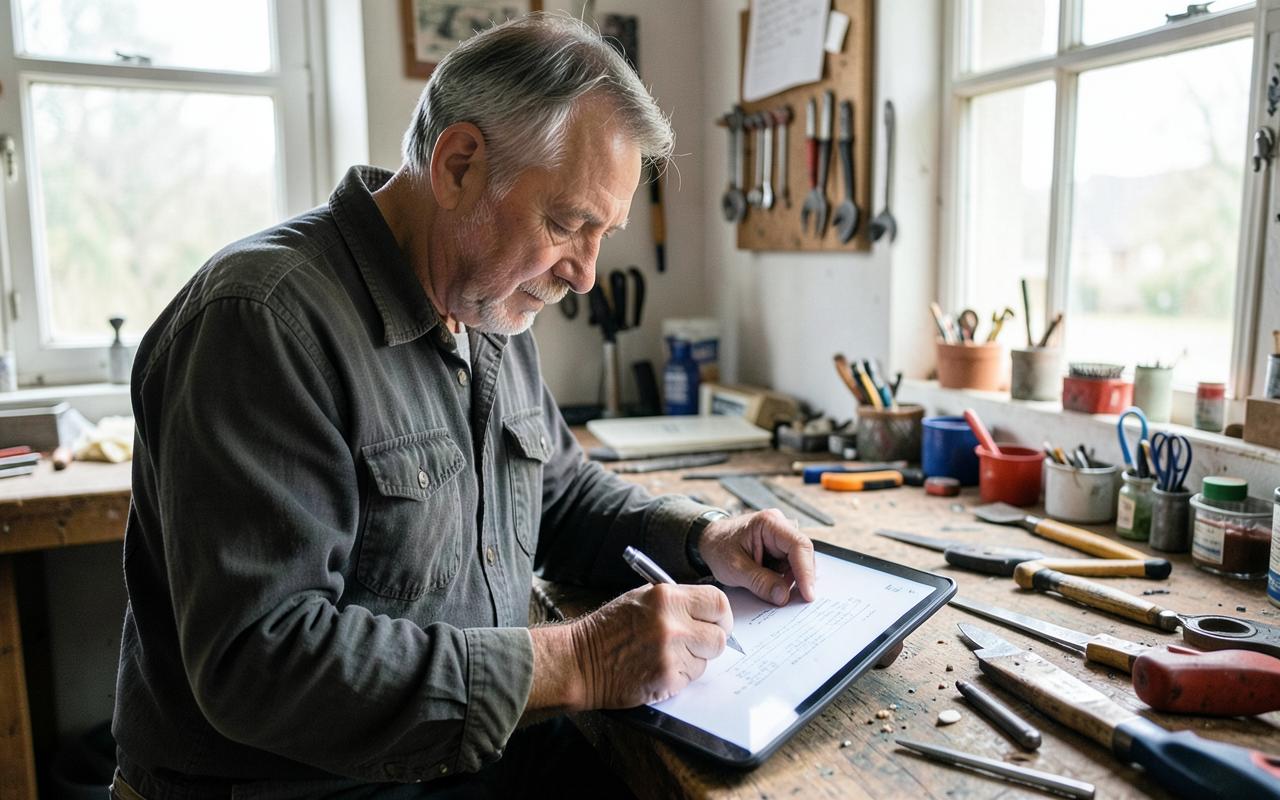 Handwerker in der Werkstatt erfasst einen Verkauf am Tablet