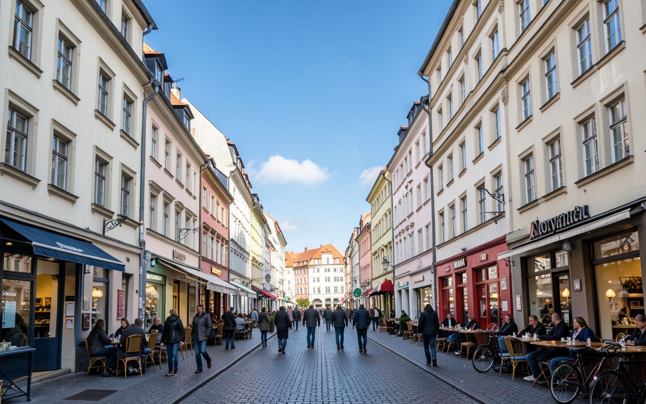 Fußgängerzone einer deutschen Innenstadt mit kleinen Läden und Cafés