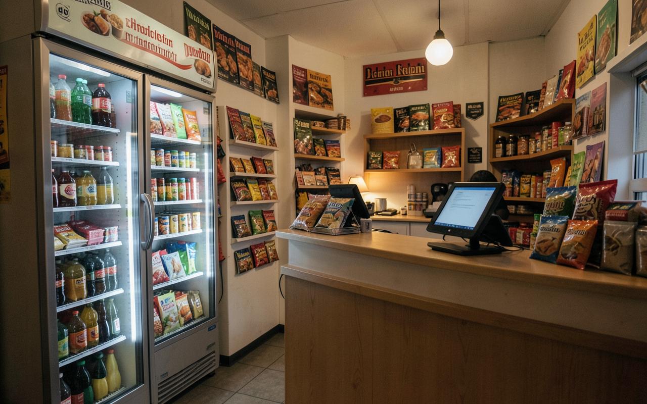 Kioskinnenraum mit Getränkekühlschrank und Kasse am Tresen
