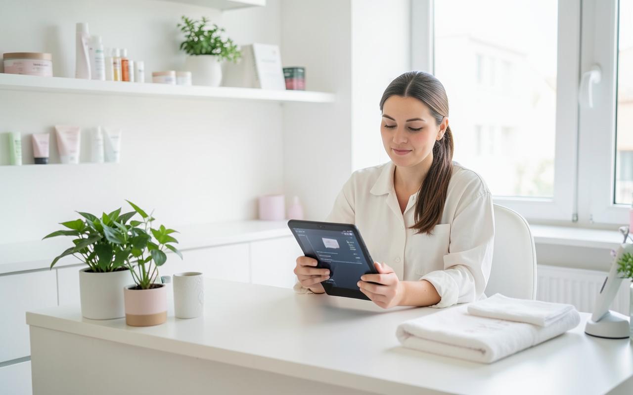 Heller Empfangsbereich eines Kosmetikstudios mit Tablet