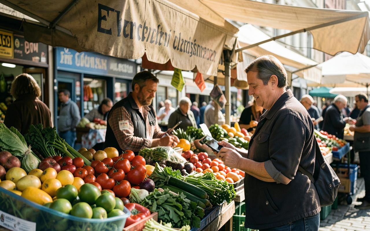 Marktstand mit Obst und Gemüse, Händler kassiert mit dem Handy