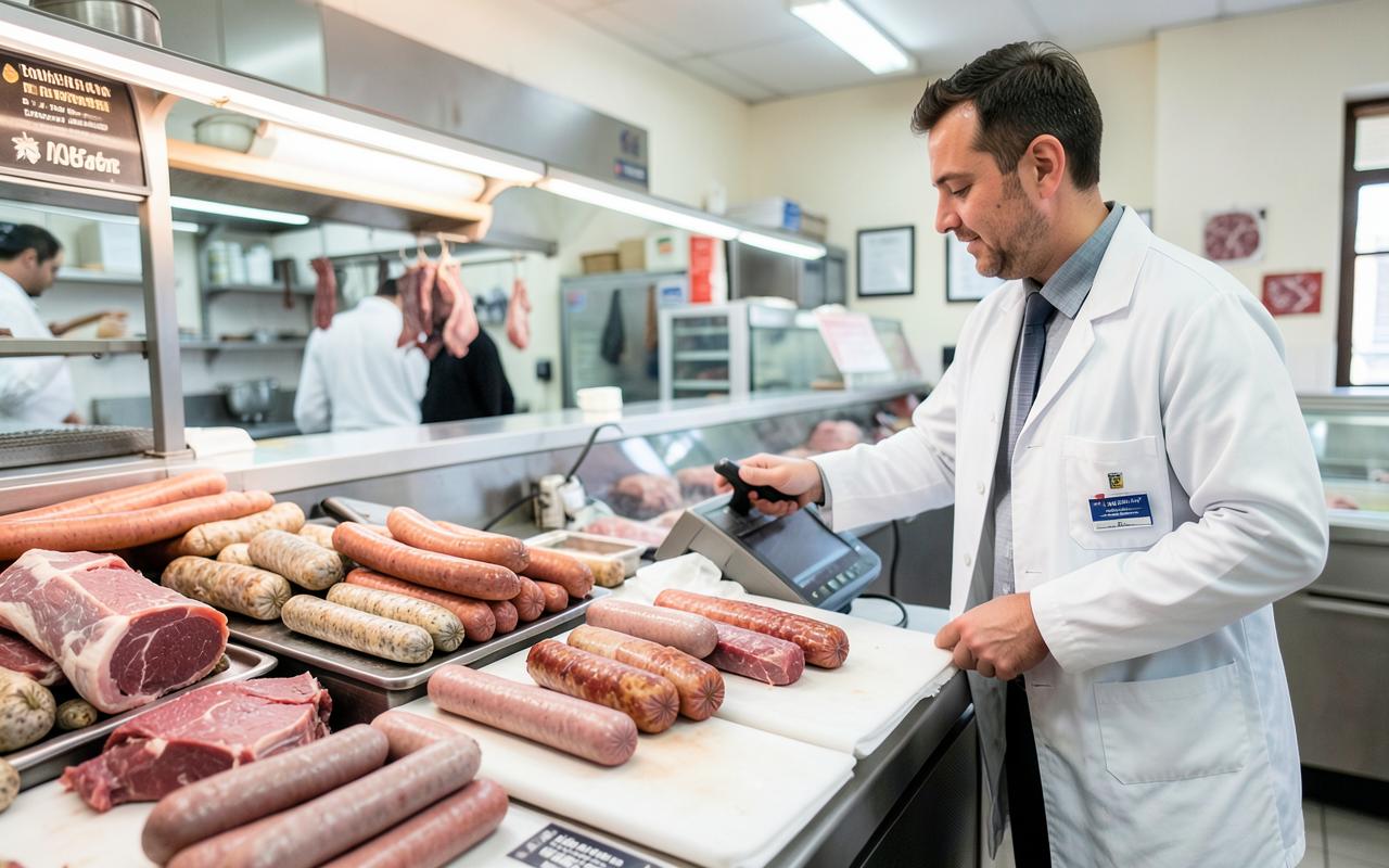 Metzgereitheke mit Wurstwaren und Kasse