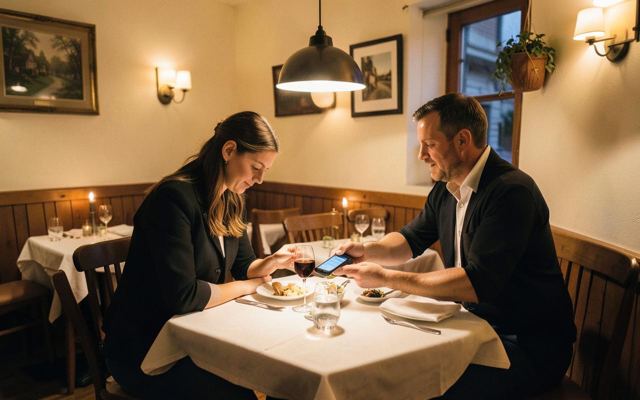 Kleines Restaurant, Kellner kassiert am Tisch mit dem Handy