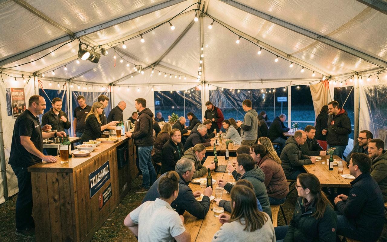 Vereinsfest im Festzelt mit Ausschank und Gästen an Biertischen